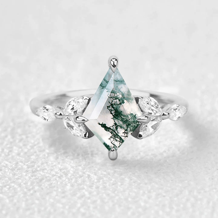 Green Moss Agate Kit Cut Engagement Ring Graceful Sparkle