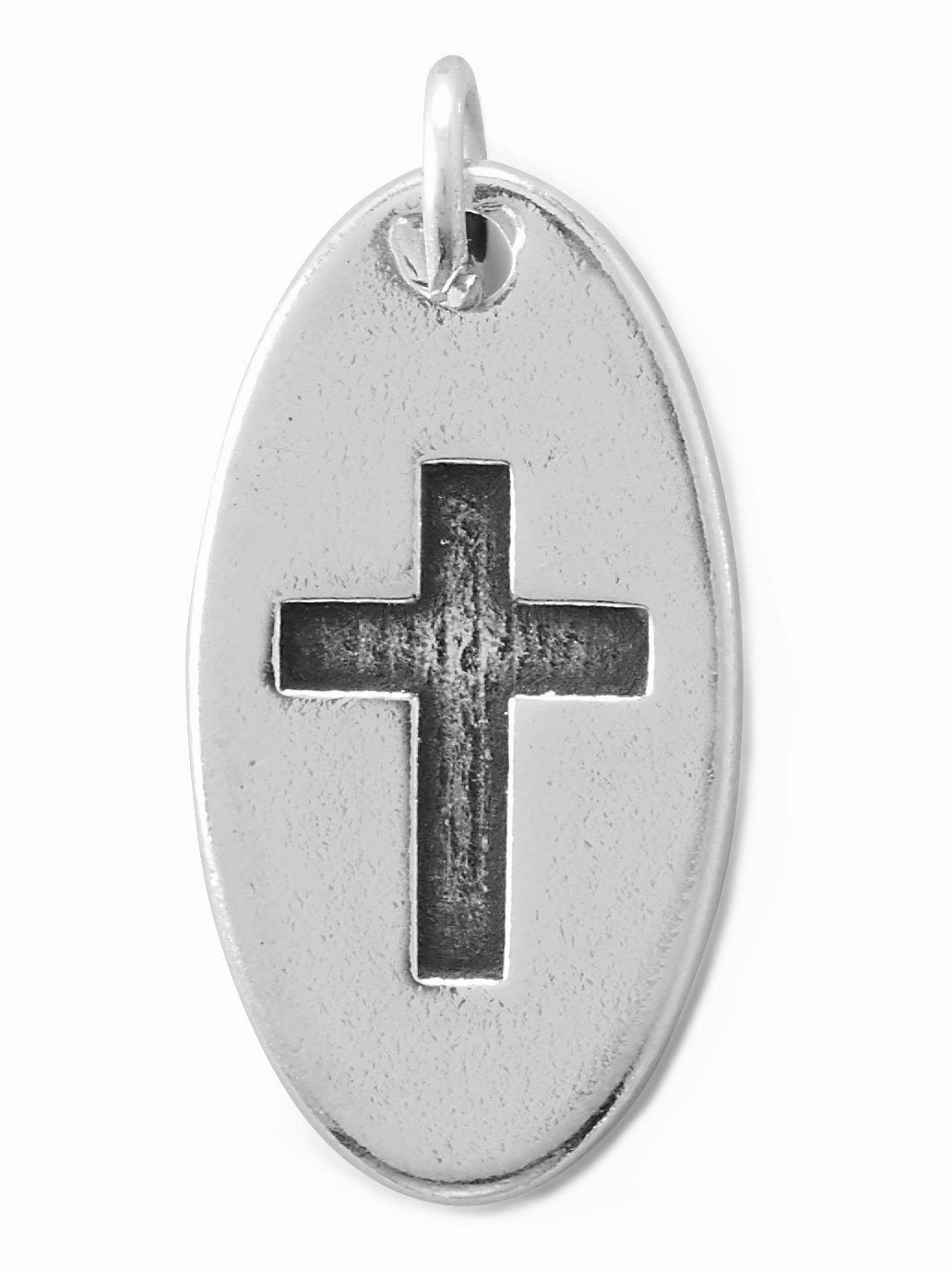 Cross Charm Oval with Inset Antiqued Cross Design Sterling Silver Finest Touch