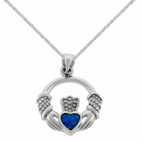 Sophisticated Glam Claddaugh Necklace with Simulated Opal Heart Sterling Silver with Rope Chain
