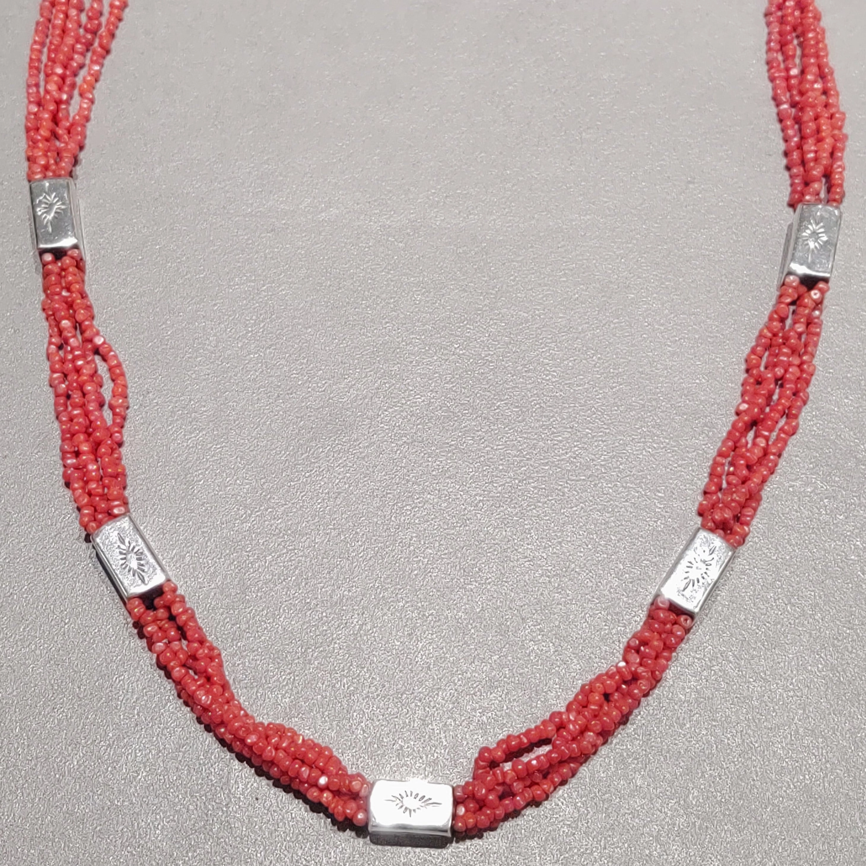 Coral Sterling Silver Beaded Necklace - Handmade Native American Pretty Accent Distinctive Layer