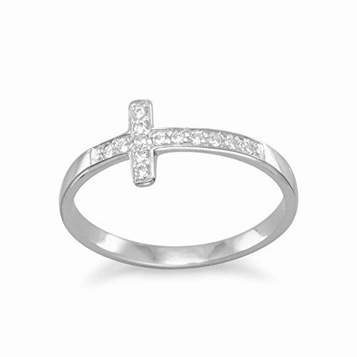 Sideways Cross Ring with Cubic Zirconia Rhodium on Sterling Silver - Nontarnish, Size 11 Superior Expression