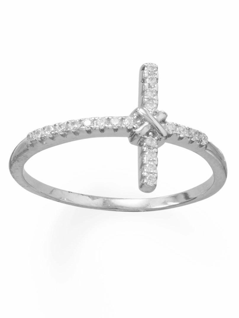 Sideways Cross Ring with X Center Cubic Zirconia Rhodium on Sterling Silver Best choice
