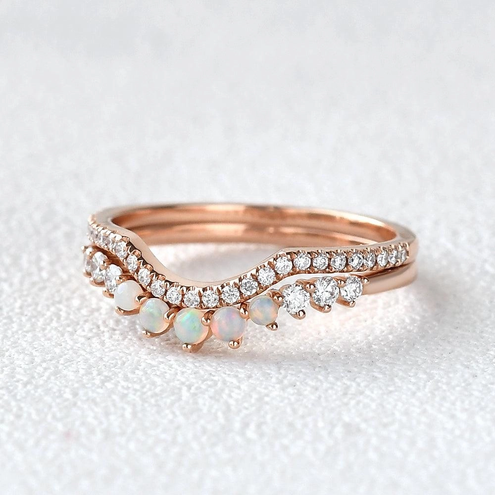 Natural Opal Cluster Chevron Ring Set 2pcs Luxury Contour