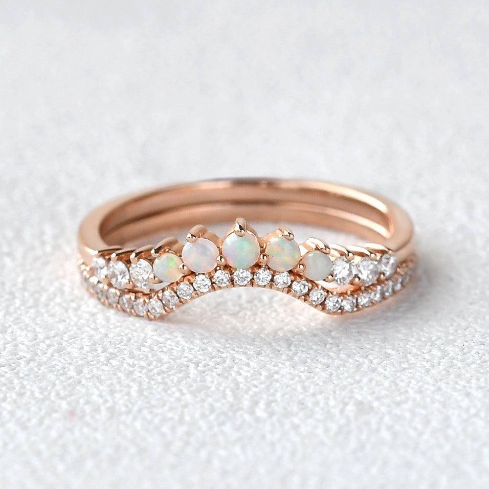 Natural Opal Cluster Chevron Ring Set 2pcs Polished Accessory