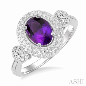 Sparkling Element Sophisticated Creation Silver Oval Shape Amethyst & Diamond Ring