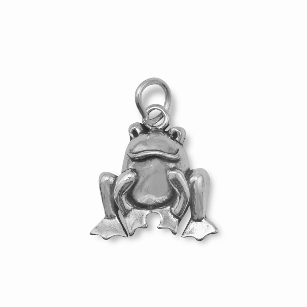 Luxury Sparkle Glamorous Detail Sitting Frog Charm Sterling Silver Antiqued Finish