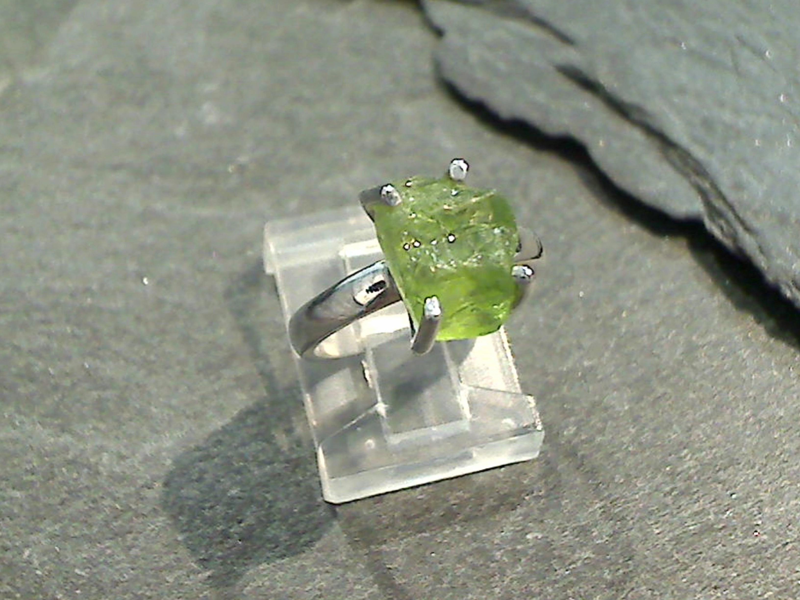 Fantastic Symbol Size 5.25 Rough Cut Peridot, Sterling Silver Ring