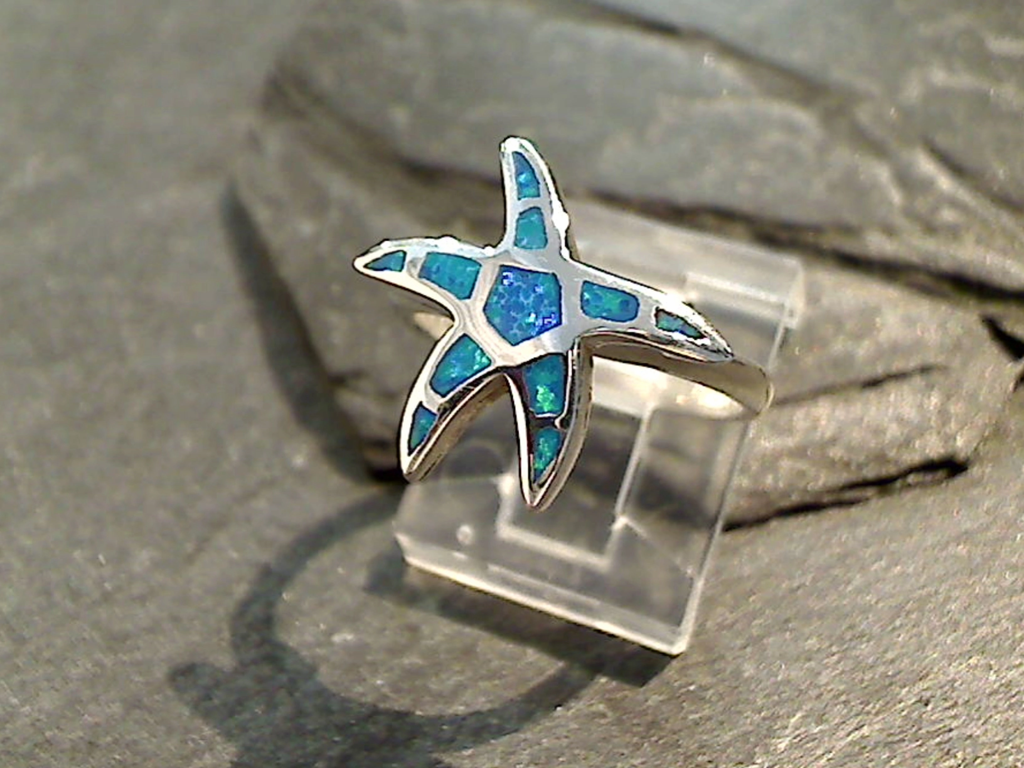 Abstract Pattern Size 8 Lab Created Opal, Sterling Silver Starfish Ring