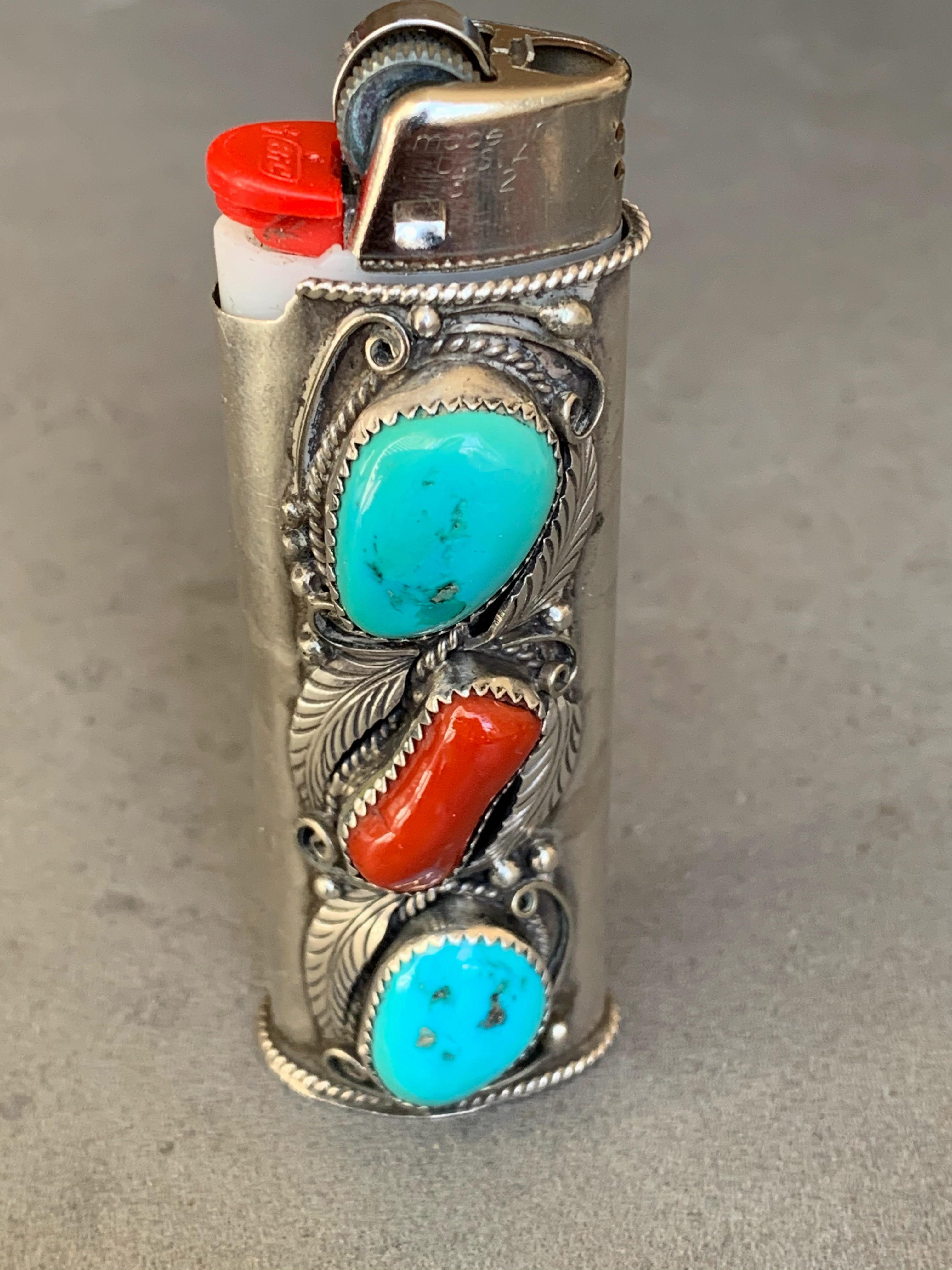 Justin Morris Navajo Sterling Bic Lighter Holder Turquoise and Coral Distinctive Shape Graceful Mood