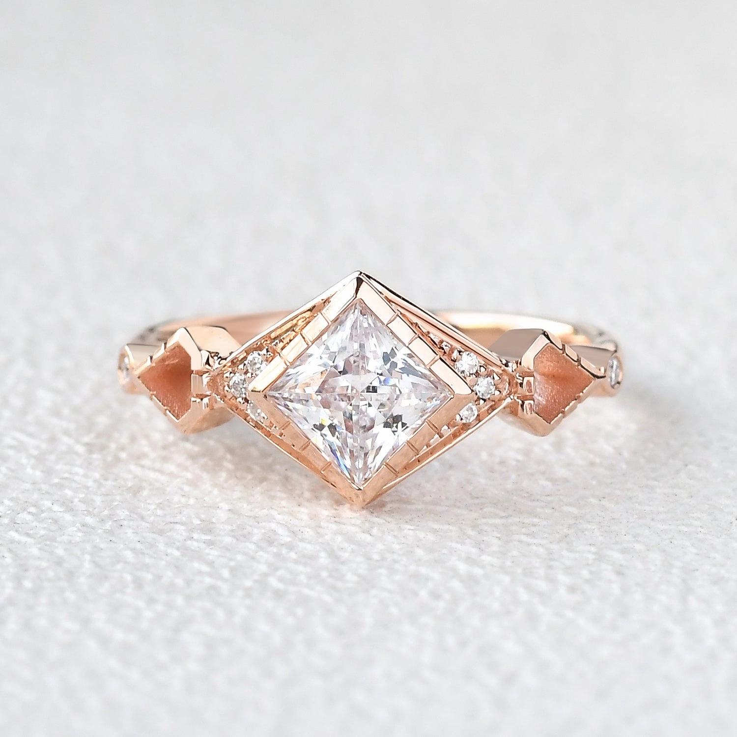 high contrast Sophisticated Sparkle Princess Cut Moissanite Rose Gold Ring