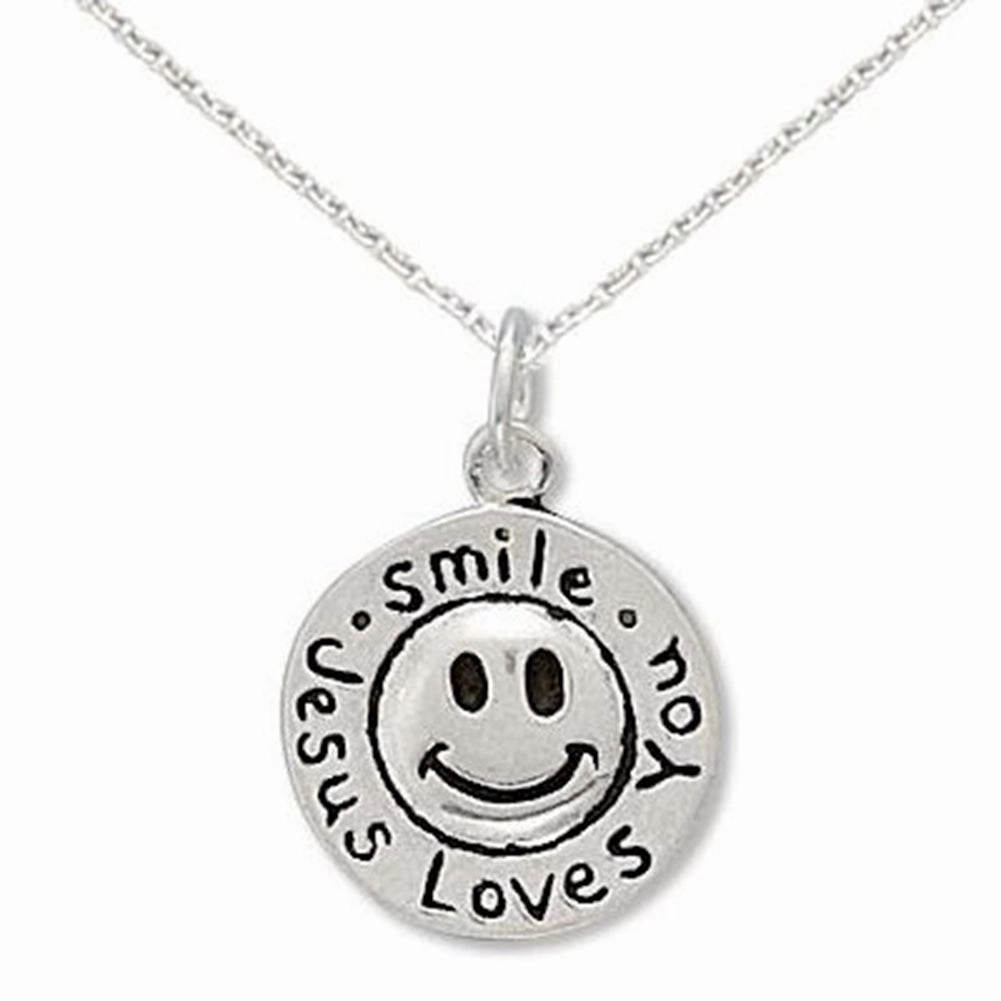 Special Gift Charming Jewelry Design Smile Jesus Loves You Sterling Silver Necklace, Includes Chain