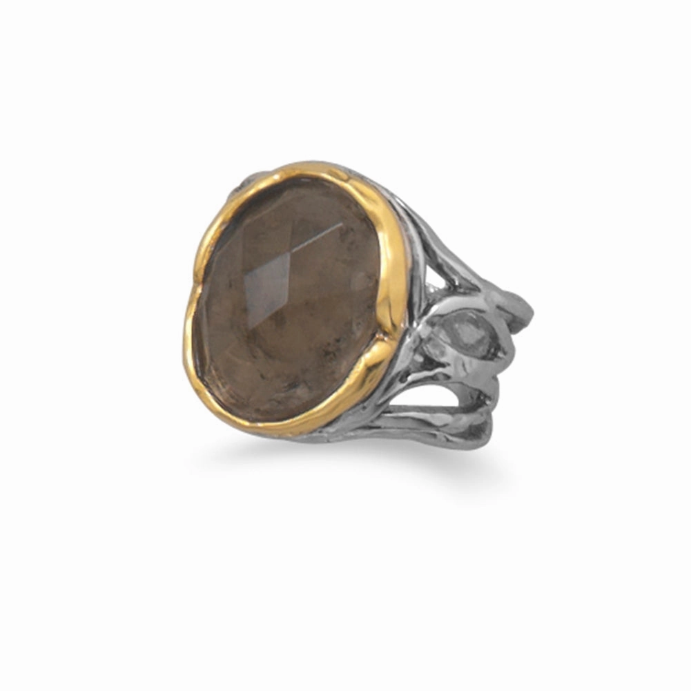 Smoky Quartz Ring Two Tone Rhodium and Gold-plated Sterling Silver Beautiful Mark Lightweight Touch