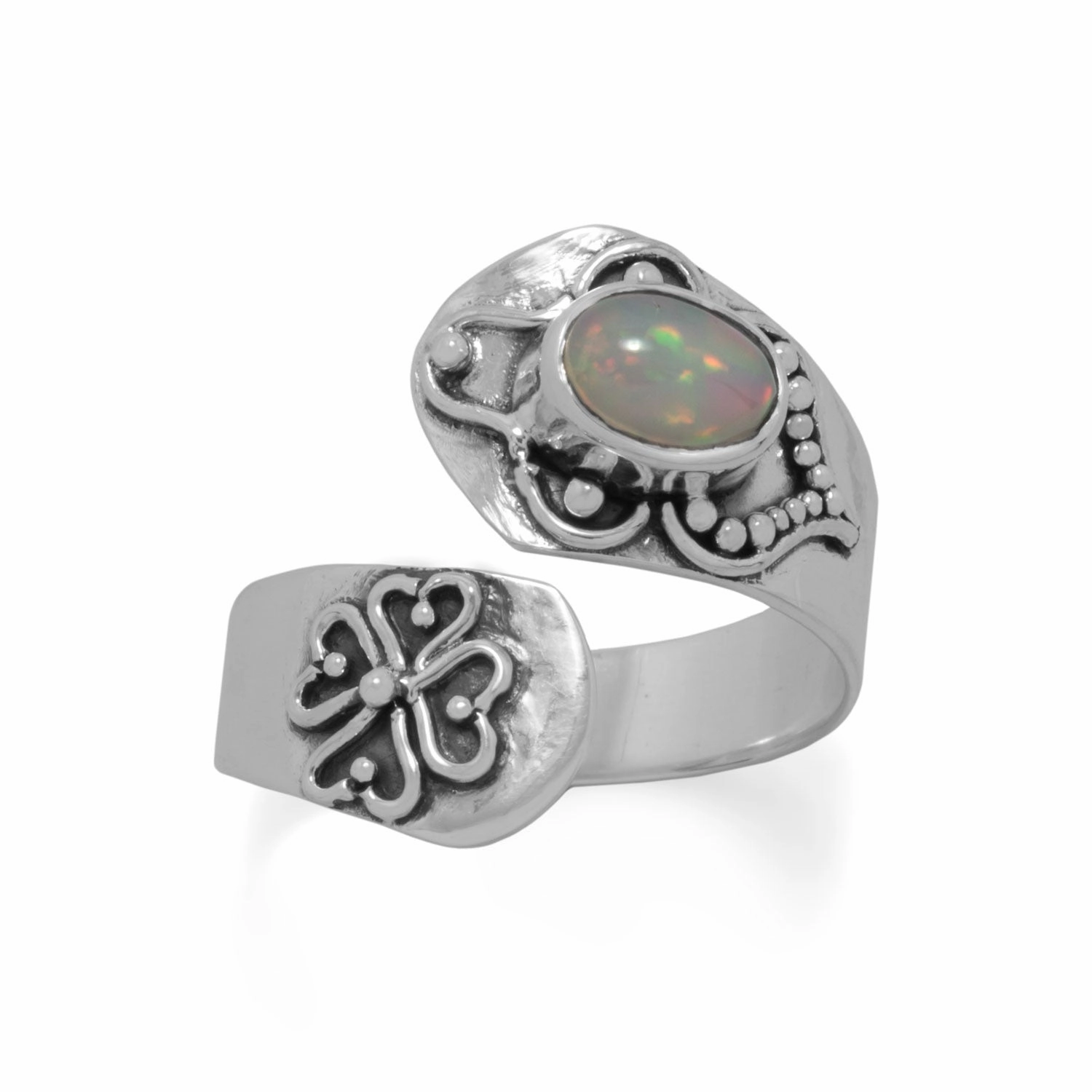 Personal Adornment Opal Wrap Spoon Ring with Heart Clover Design Sterling Silver