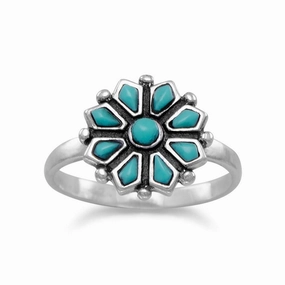 Reconstituted Turquoise Stone Flower Ring Sterling Silver Sturdy Symbol