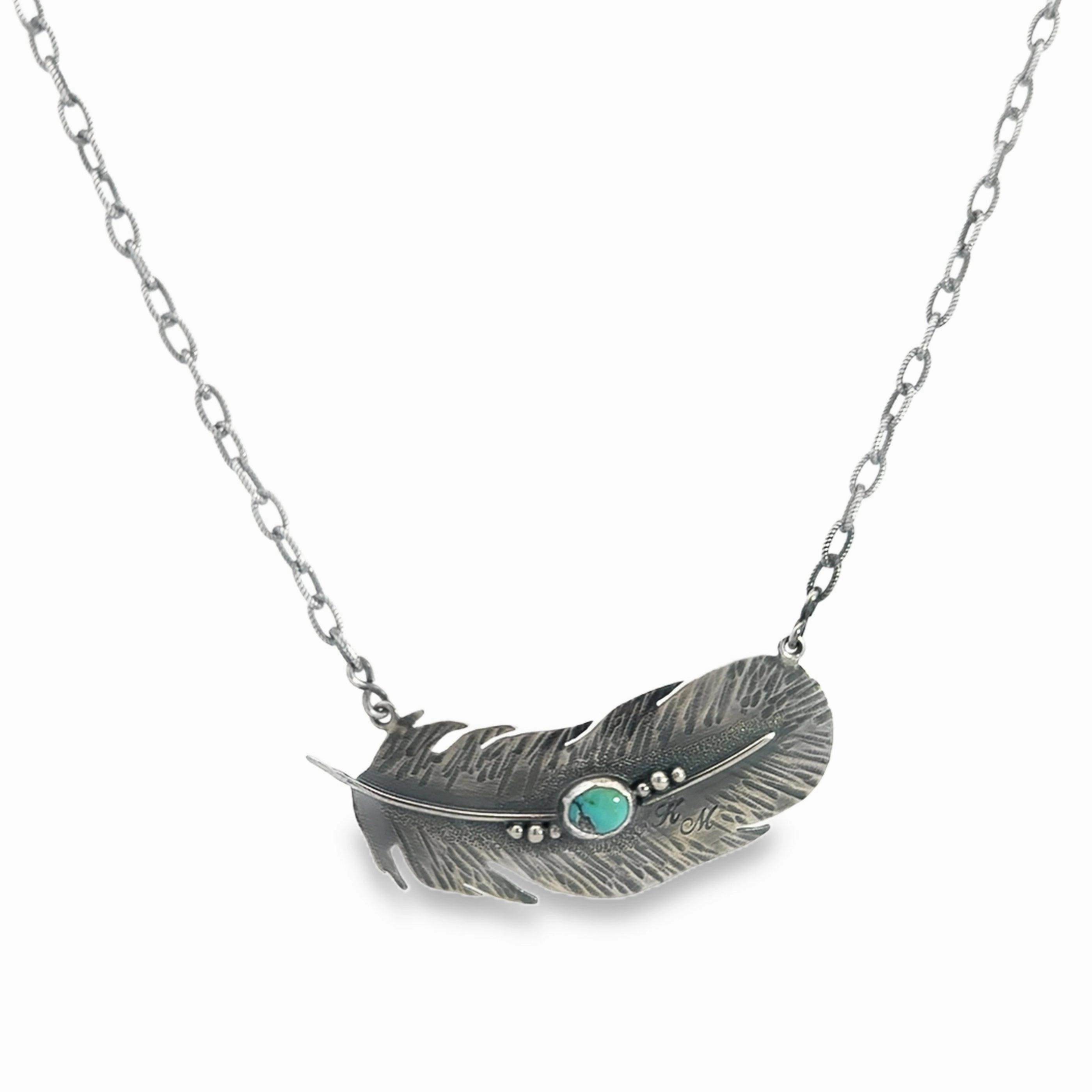 Sterling Silver Feather Necklace with Turquoise Stone Vibrant Pieces Curved Contour