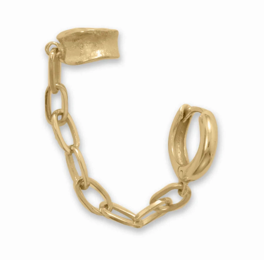 Elegant Pair Cuff and Hoop Earring with Paper Clip Chain Connector Gold-plated Silver