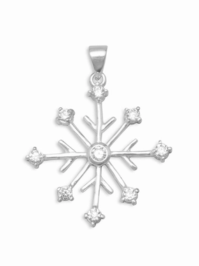 Luxurious Style Chic Edge Snowflake Pendant 8-point with 9 Cubic Zirconia Stones rhodium on Sterling Silver, Pendant Only