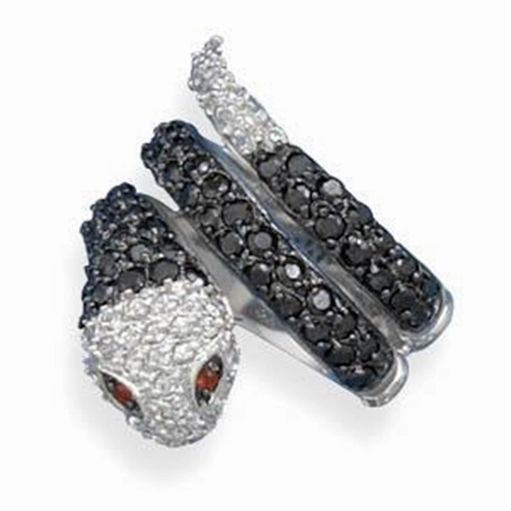 Balanced Geometry Snake Ring with Clear and Black Cubic Zirconia Sterling Silver, Size 8