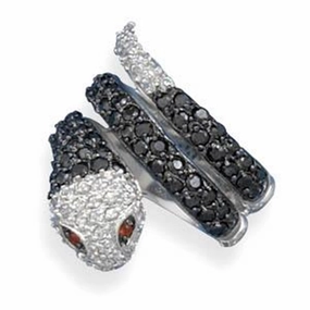 Balanced Geometry Snake Ring with Clear and Black Cubic Zirconia Sterling Silver, Size 8