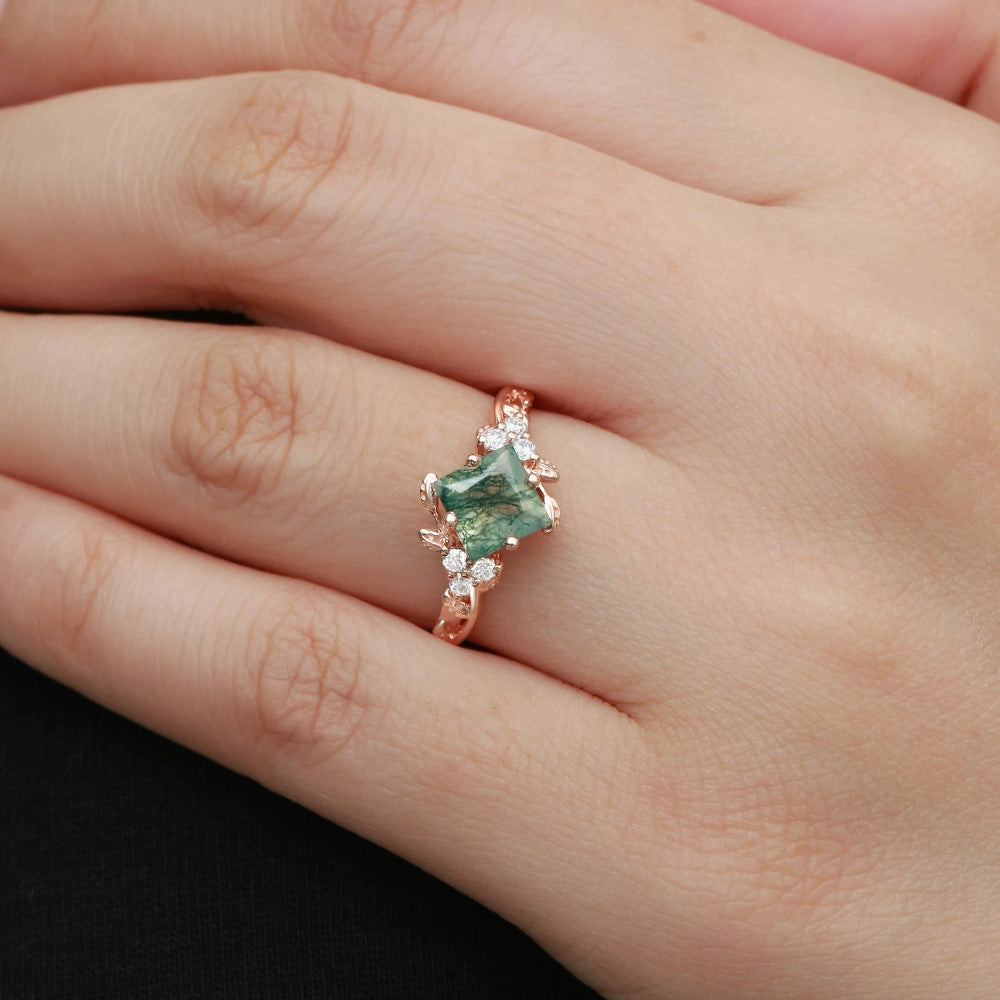 Black Gold Green Leafy Princess Cut Moss Agate Engagement Ring Lustrous Highlight Travel Essential