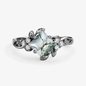 Sweet Detail Luxury Tone Black Gold Green Leafy Princess Cut Moss Agate Engagement Ring