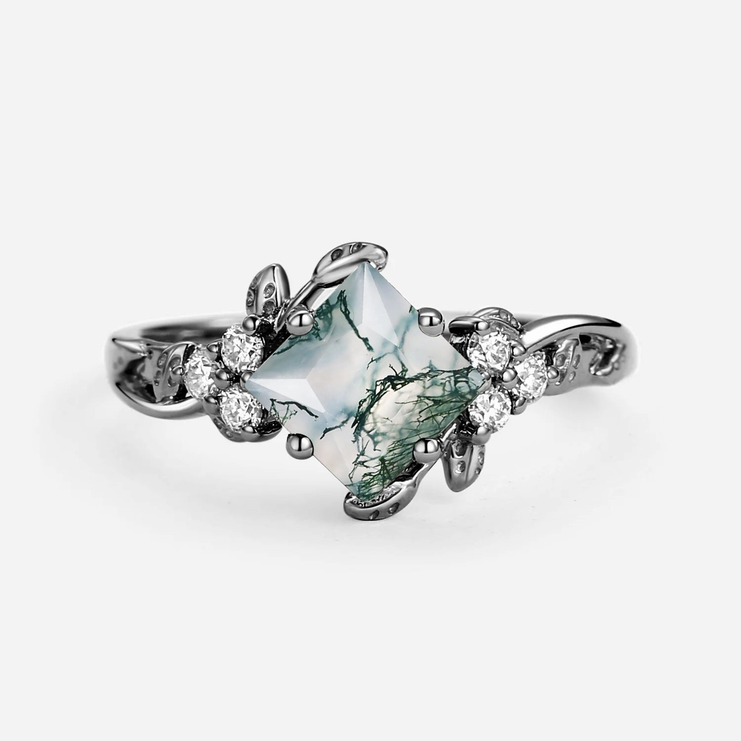 Sweet Detail Luxury Tone Black Gold Green Leafy Princess Cut Moss Agate Engagement Ring