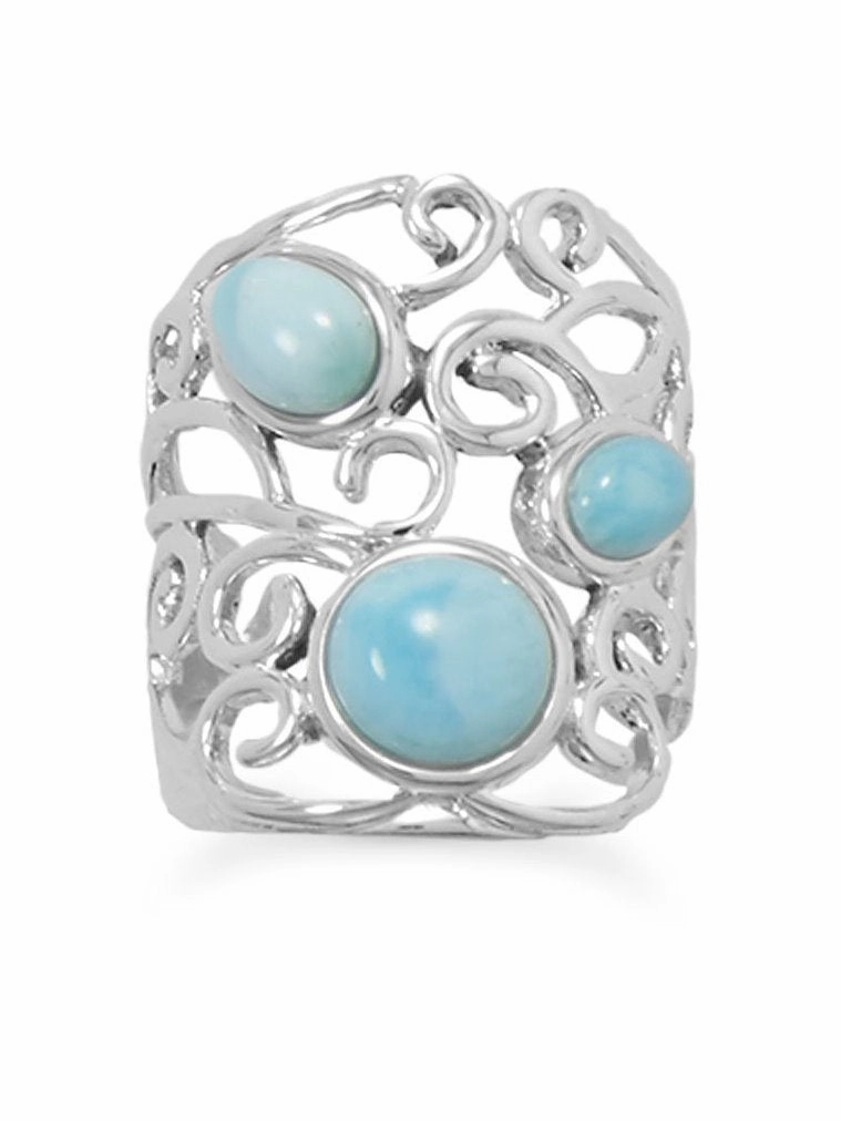 Environmentally Safe Larimar Ring Atlantis Stone Sterling Silver Wave Scroll Filigree Design