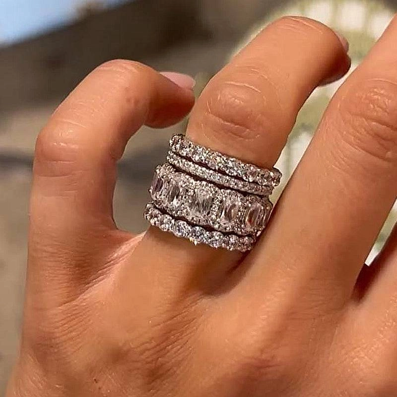 Casual Accent Louily Luxurious Cushion Cut 4PC Wedding Band Set For Women In Sterling Silver