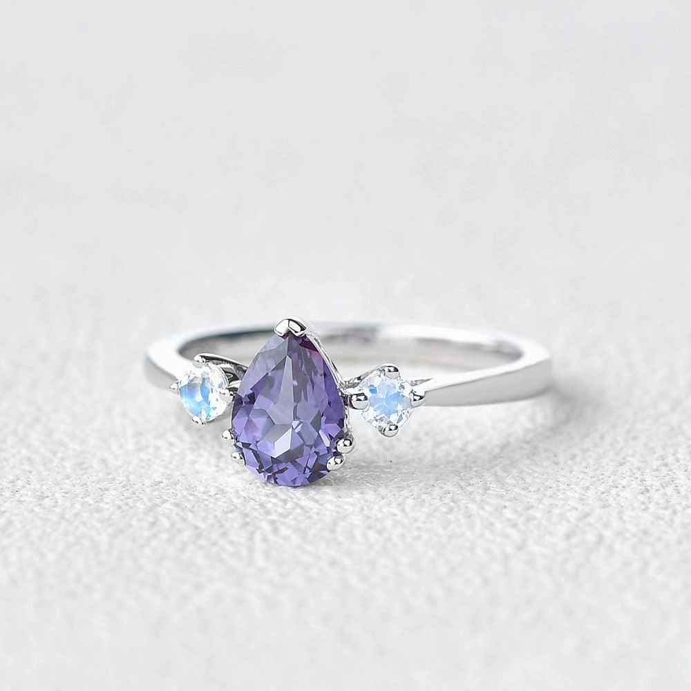 Lab Alexandrite & Moonstone White Gold Ring Exclusive Appeal Subtle Feature