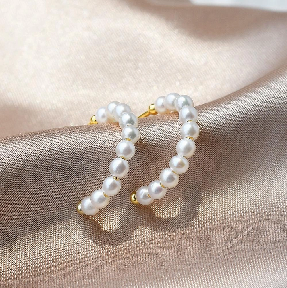 Solid Gold Simple Pearl Huggie Hoops Earrings Smooth Detail New Arrival