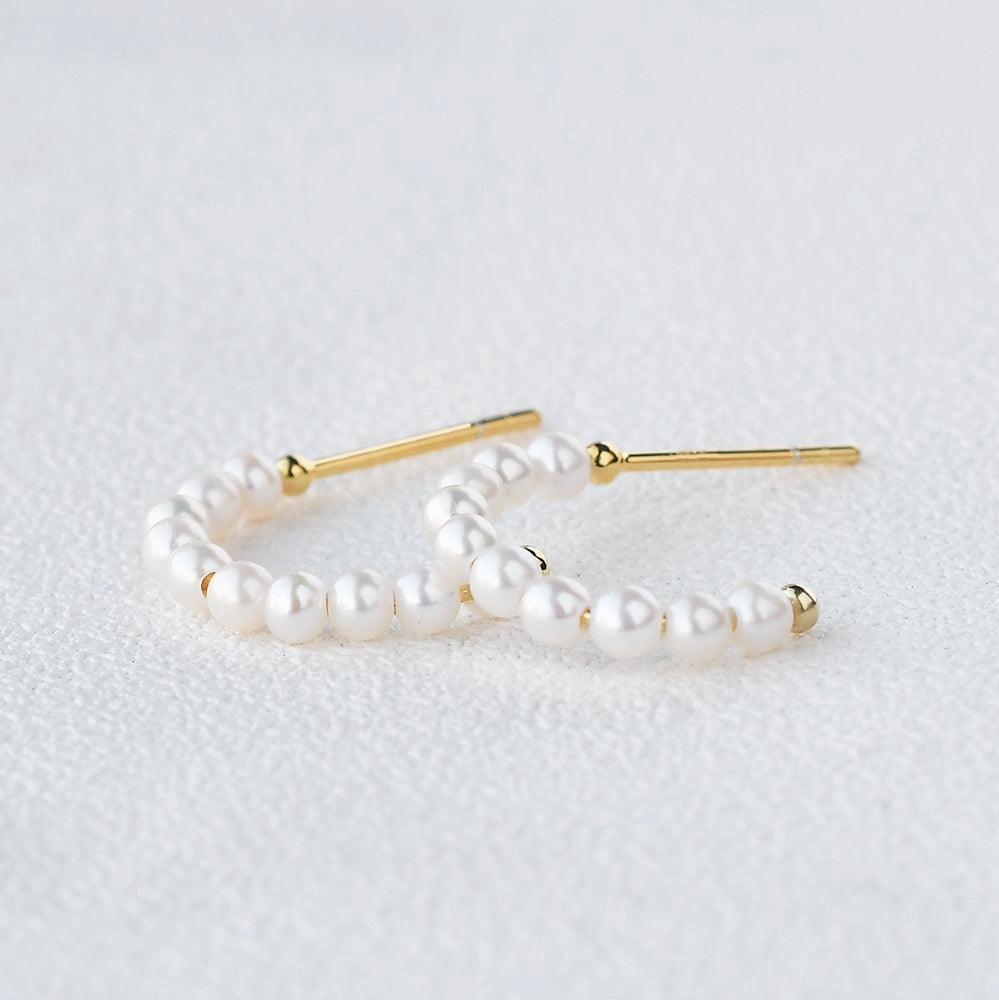 Solid Gold Simple Pearl Huggie Hoops Earrings Polished Look Alluring piece