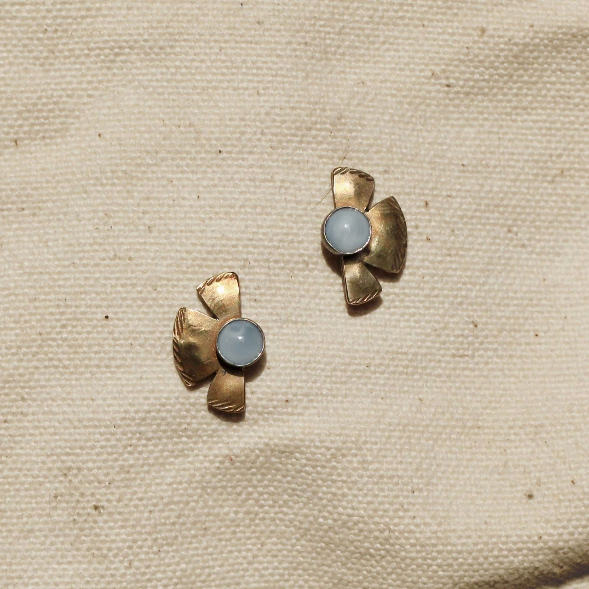 Solis Studs - Oxidized Brass, Sterling Silver   Blue Moonstone Glass Statement Embellishment Luxurious Trinket