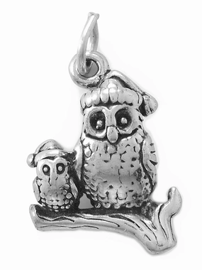 Evening Detail Wise Owls Mom and Baby Charm Antiqued Sterling Silver