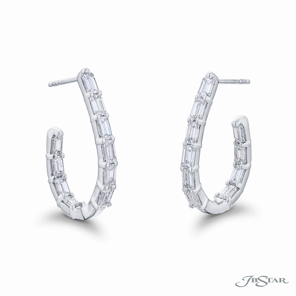 Abstract Embellishment Secure Decor JB Star Emerald Large Hoop Diamond Earrings in Platinum (4.23ctw)