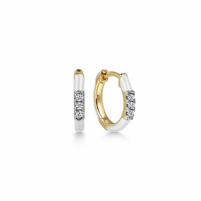 Delicate Piece Natural Elements Enamel - 14K Yellow Gold Diamond Huggie with White Enamel