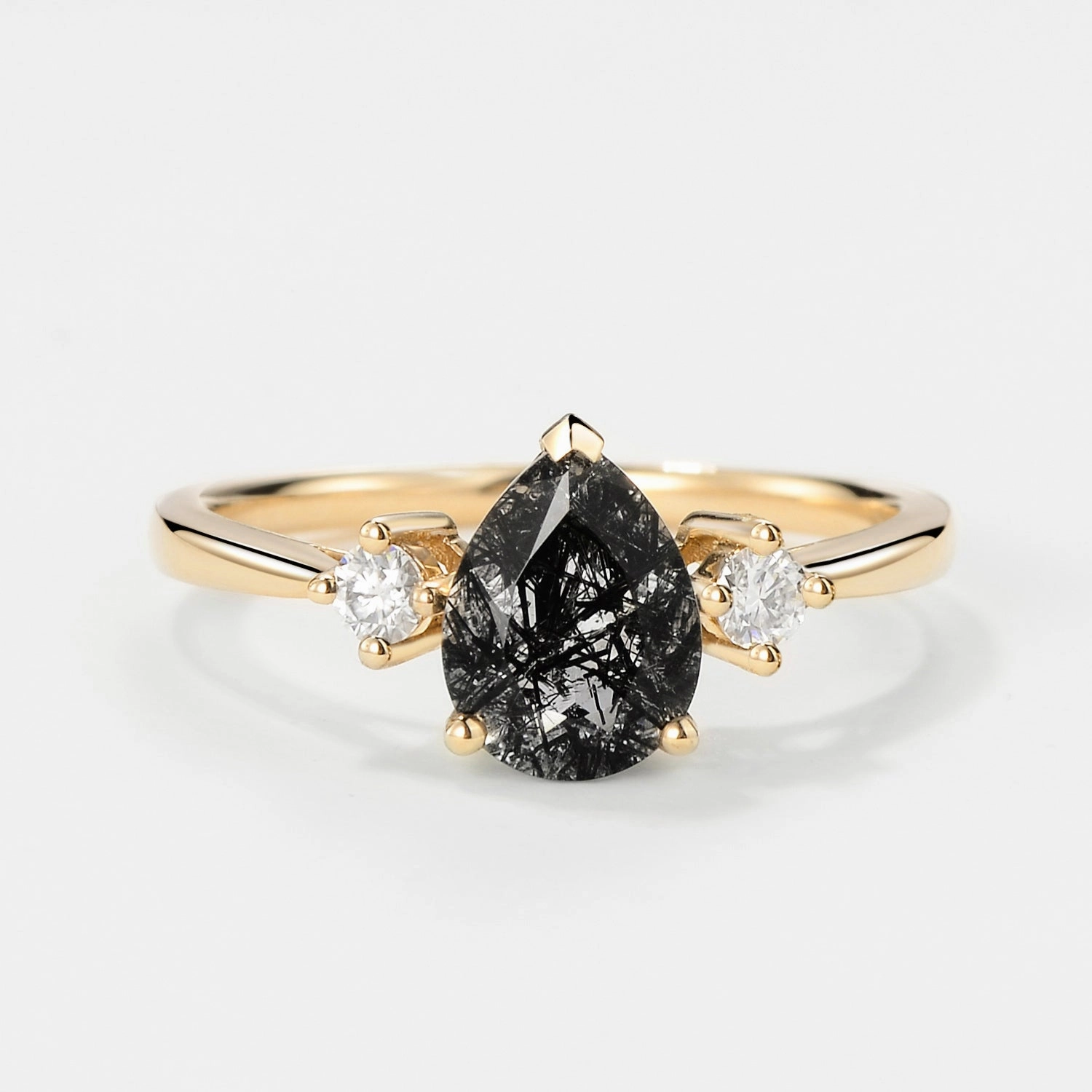 Subtle Elegance Luxury Shape Pear Black Rutilated Quartz Three Stone Vintage Ring