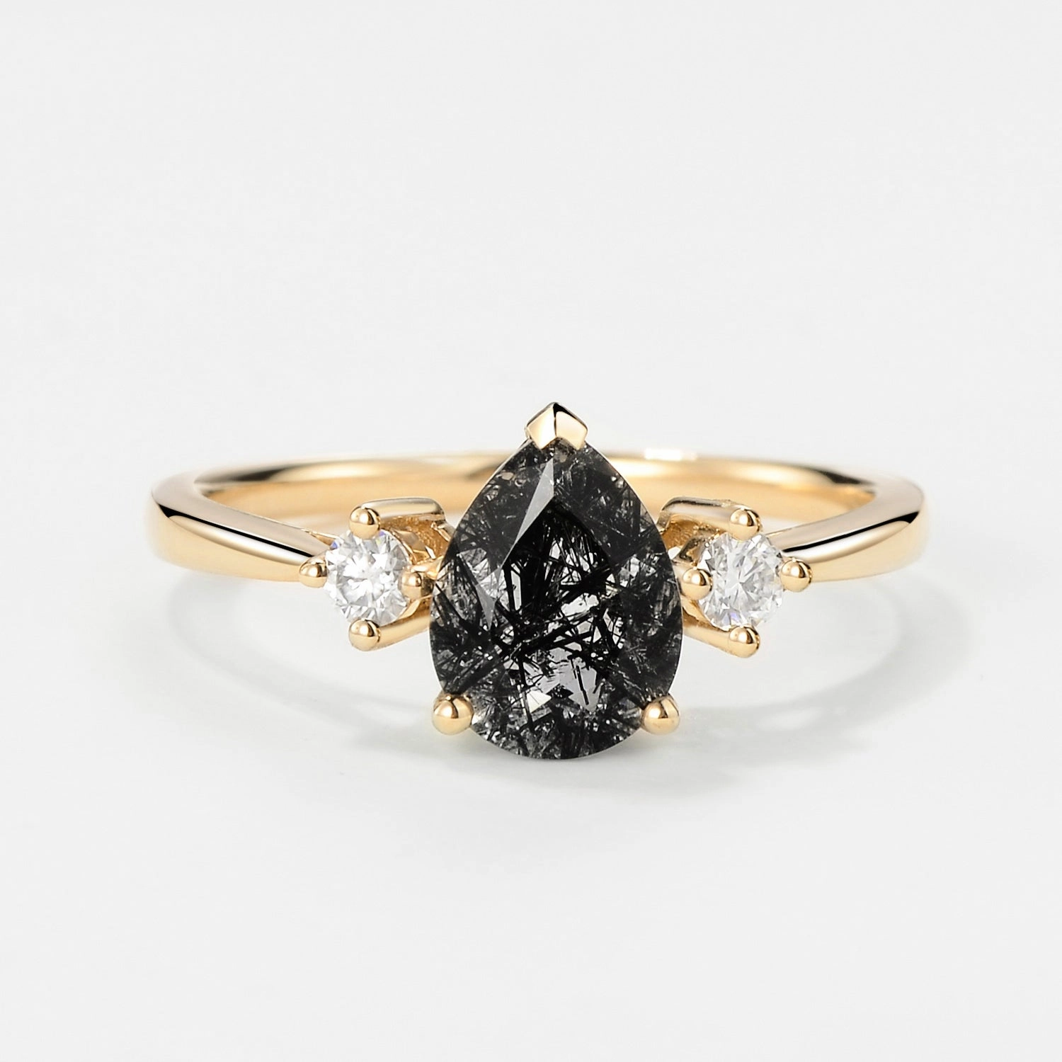 Retro Vibe Sophisticated Edge Pear Black Rutilated Quartz Three Stone Vintage Ring
