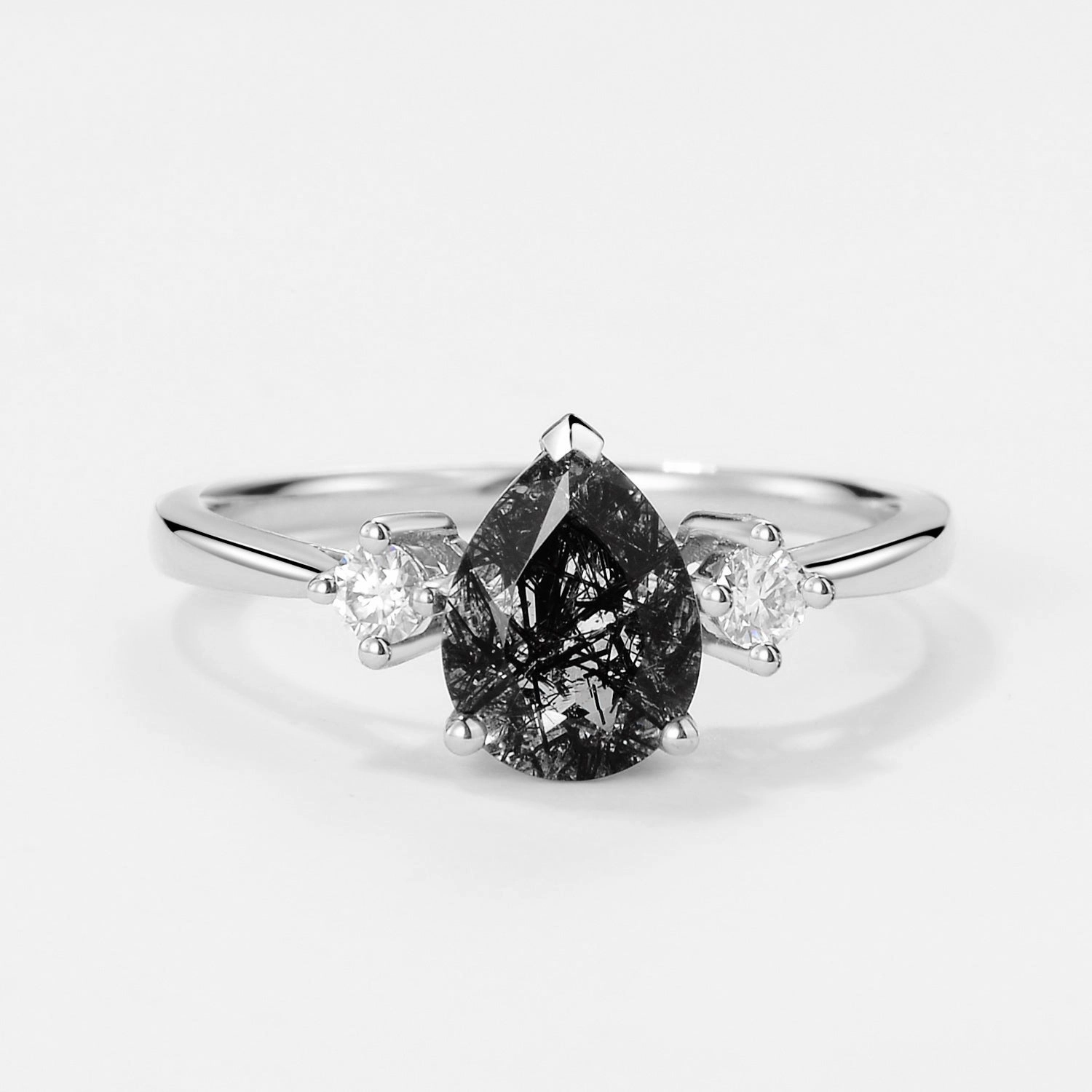 Unique Spark Pear Black Rutilated Quartz Three Stone Vintage Ring