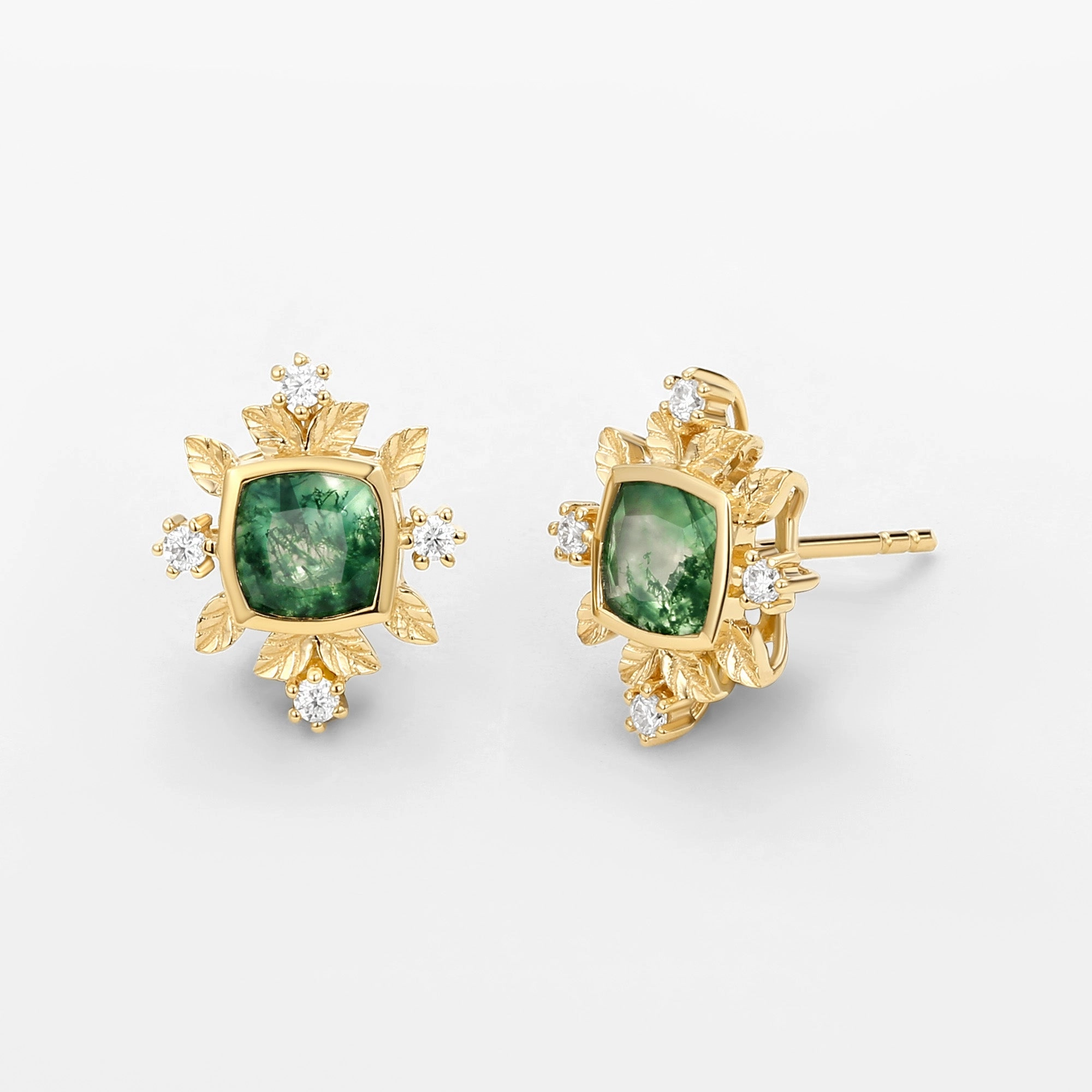 Cushion Cut Moss Agate & Moissanite Leafy Studs Set 2pcs Modern Fit