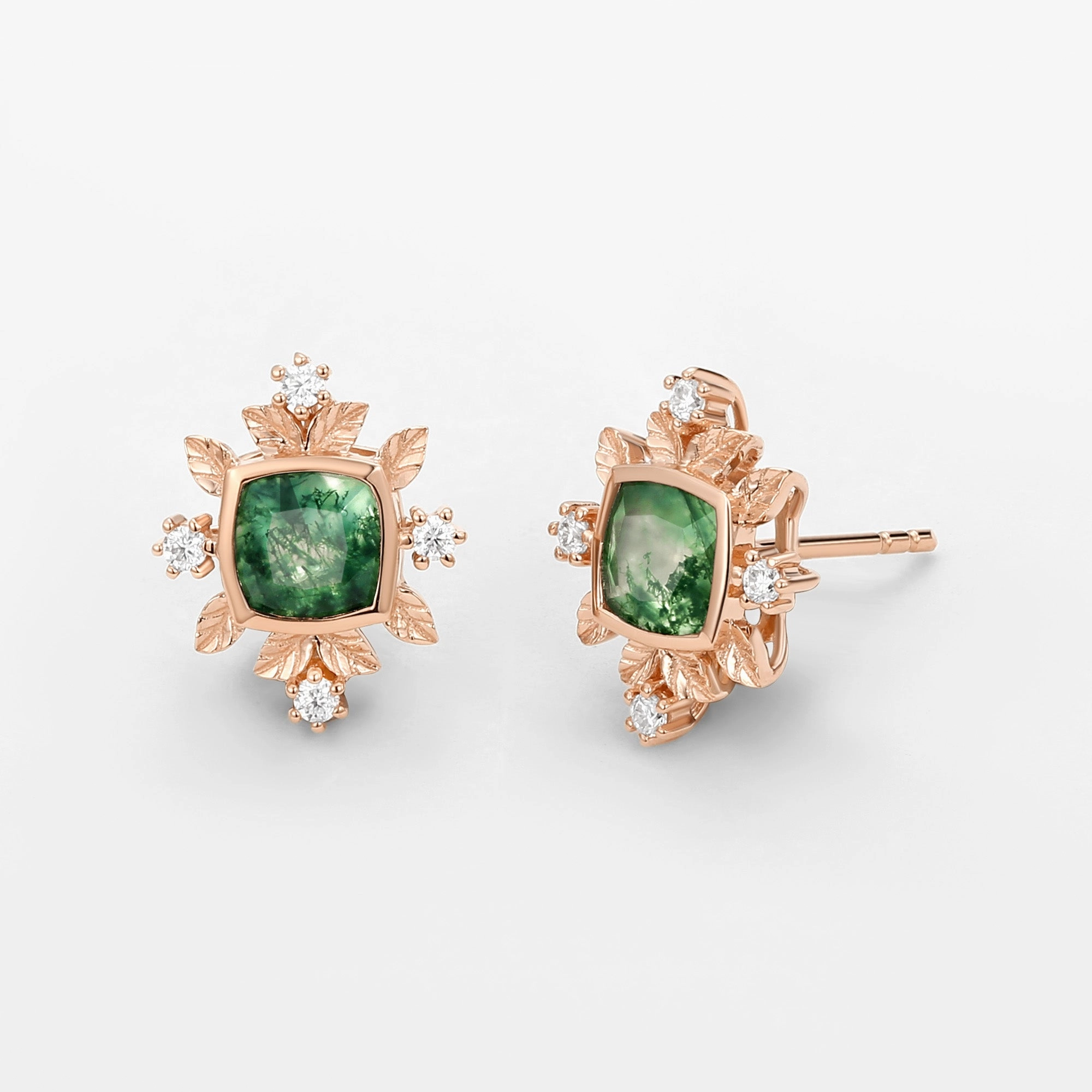 Cushion Cut Moss Agate & Moissanite Leafy Studs Set 2pcs Festive Wear understated look