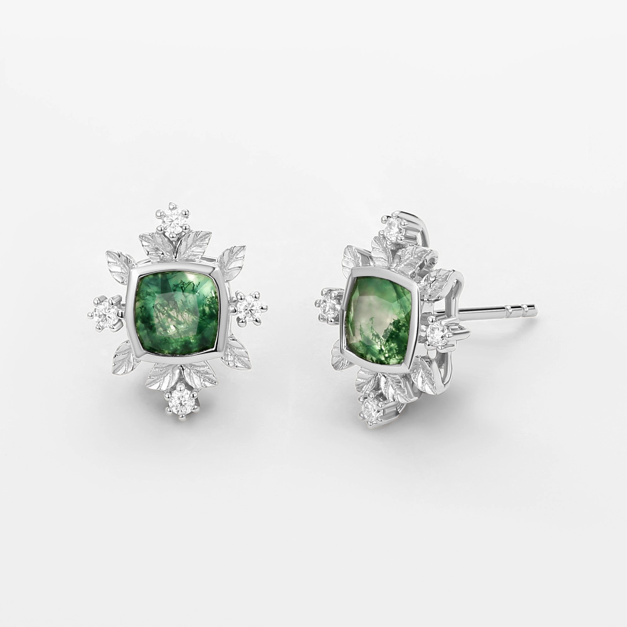 daily accessory Handcrafted Work Cushion Cut Moss Agate & Moissanite Leafy Studs Set 2pcs