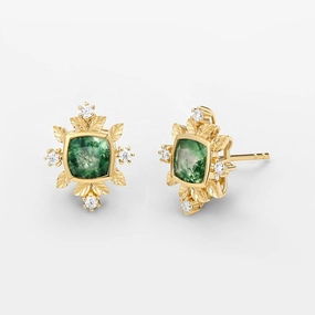 Cushion Cut Moss Agate & Moissanite Leafy Studs Set 2pcs Modern Fit