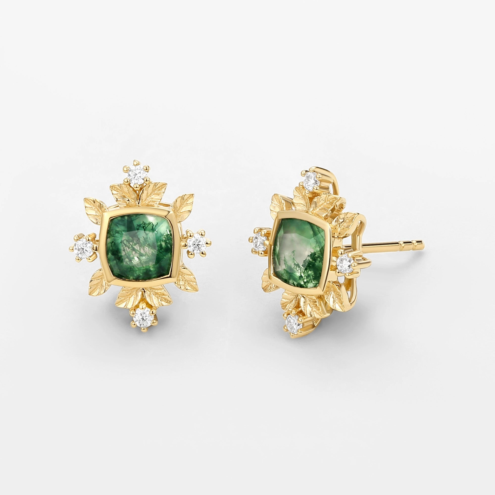 Cushion Cut Moss Agate & Moissanite Leafy Studs Set 2pcs Timeless Touch Allure Form