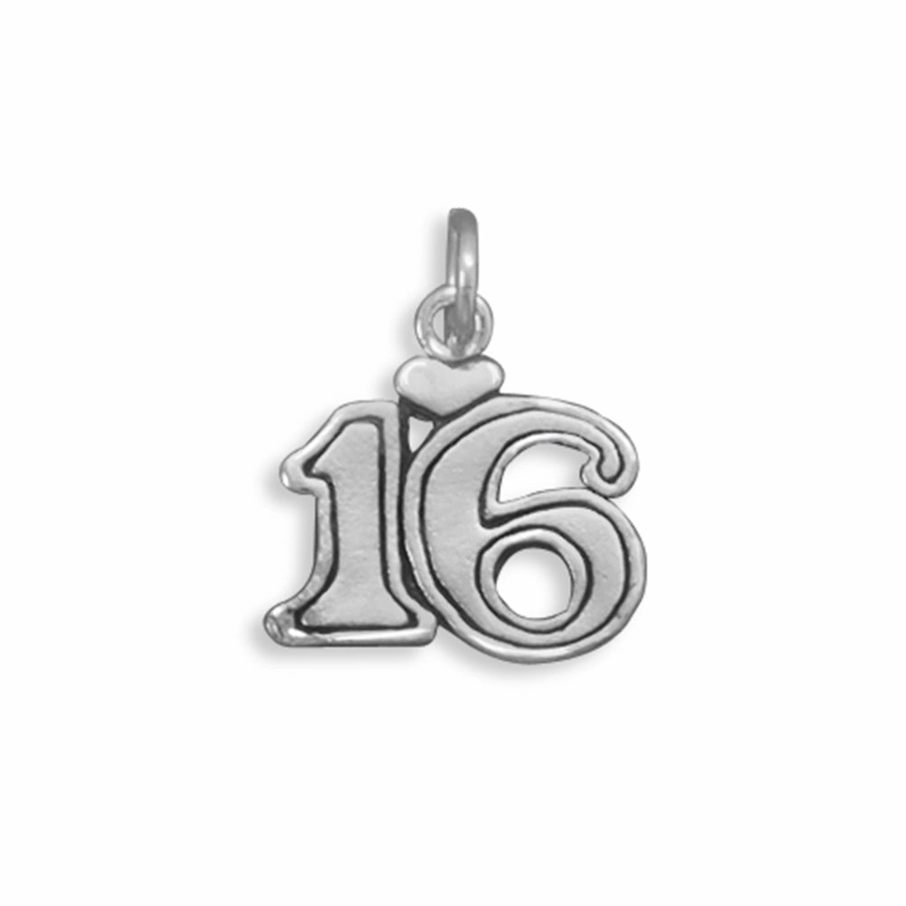Sweet 16 Number Heart Charm Sterling Silver, Made in the USA Unique Creation Evening Glam