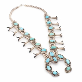 Sterling Silver Turquoise Squash Blossom Necklace Hallmark Unknown Soft Form Trendy Fit