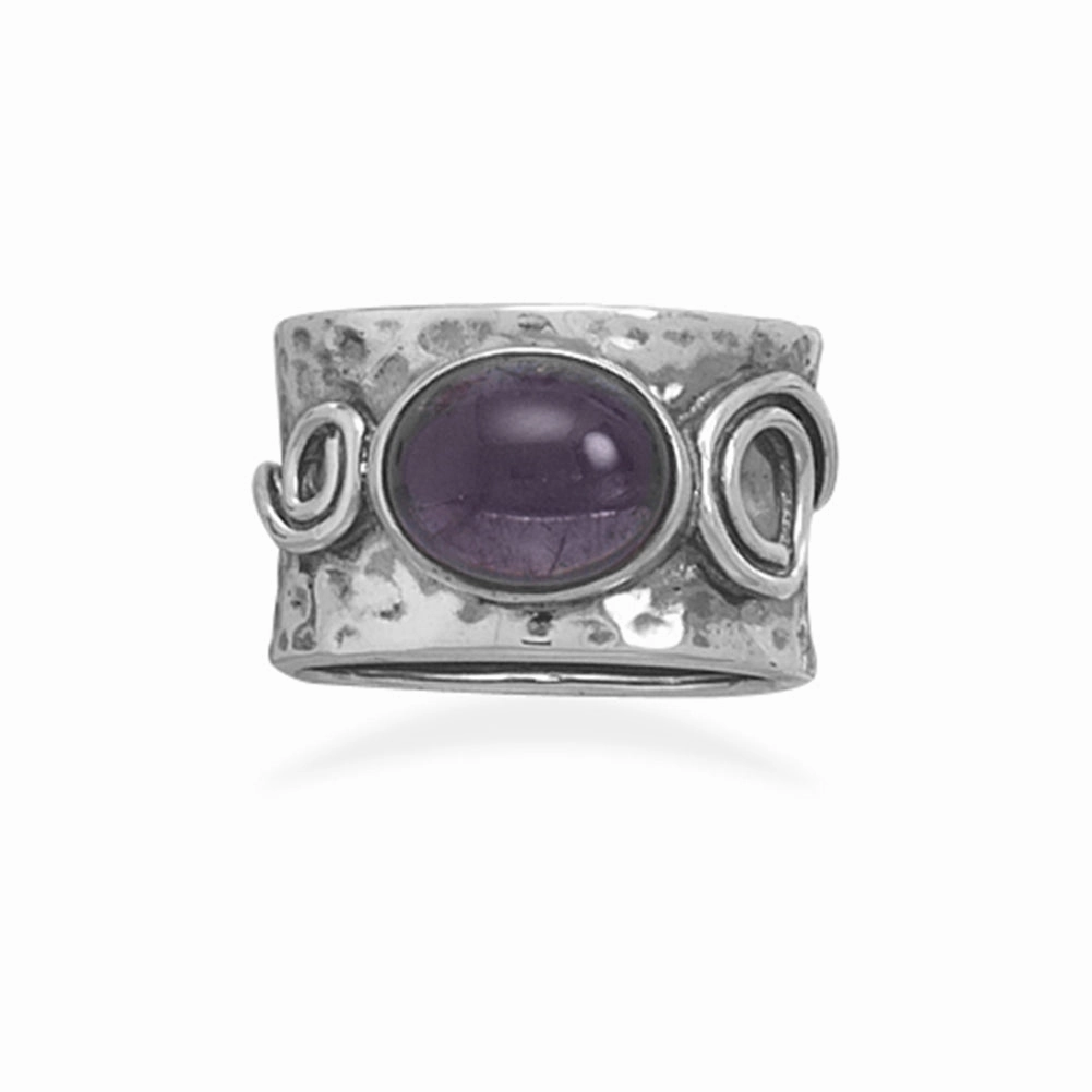 Oval Amethyst Ring Sterling Silver Wide Band with Scroll Design Classic revival