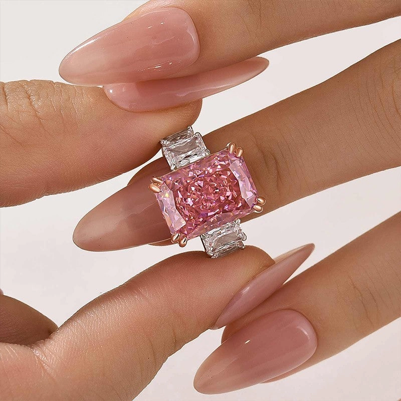 Timeless Flow Special Style 10.0Ct Pink Stone Radiant Cut Side Stone Engagement Ring Travel Ring In Sterling Silver