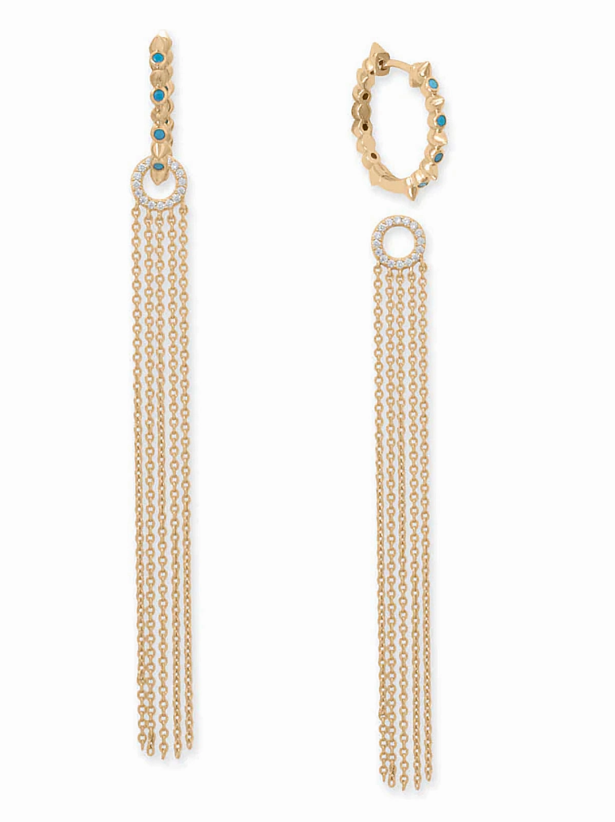 High gloss Spike Hoop with Removeable Chain Drop Earrings Synthetic Turquoise and Cubic Zirconia Gold-plated Silver