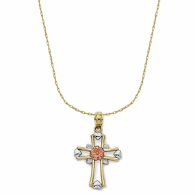 Art Deco Feel Modern Shine 14k Gold Three-tone Flower and Heart Cross Necklace with 18-inch Chain