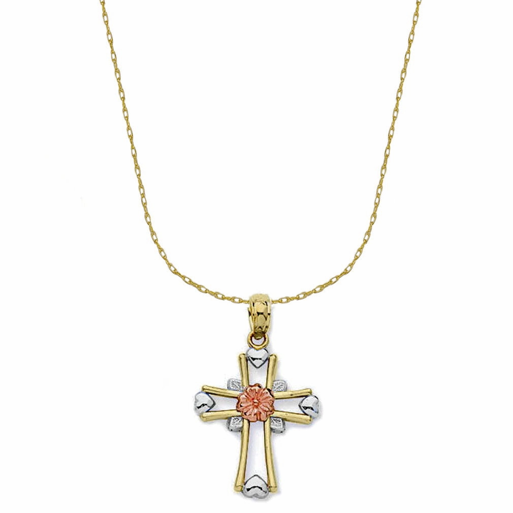 Art Deco Feel Modern Shine 14k Gold Three-tone Flower and Heart Cross Necklace with 18-inch Chain